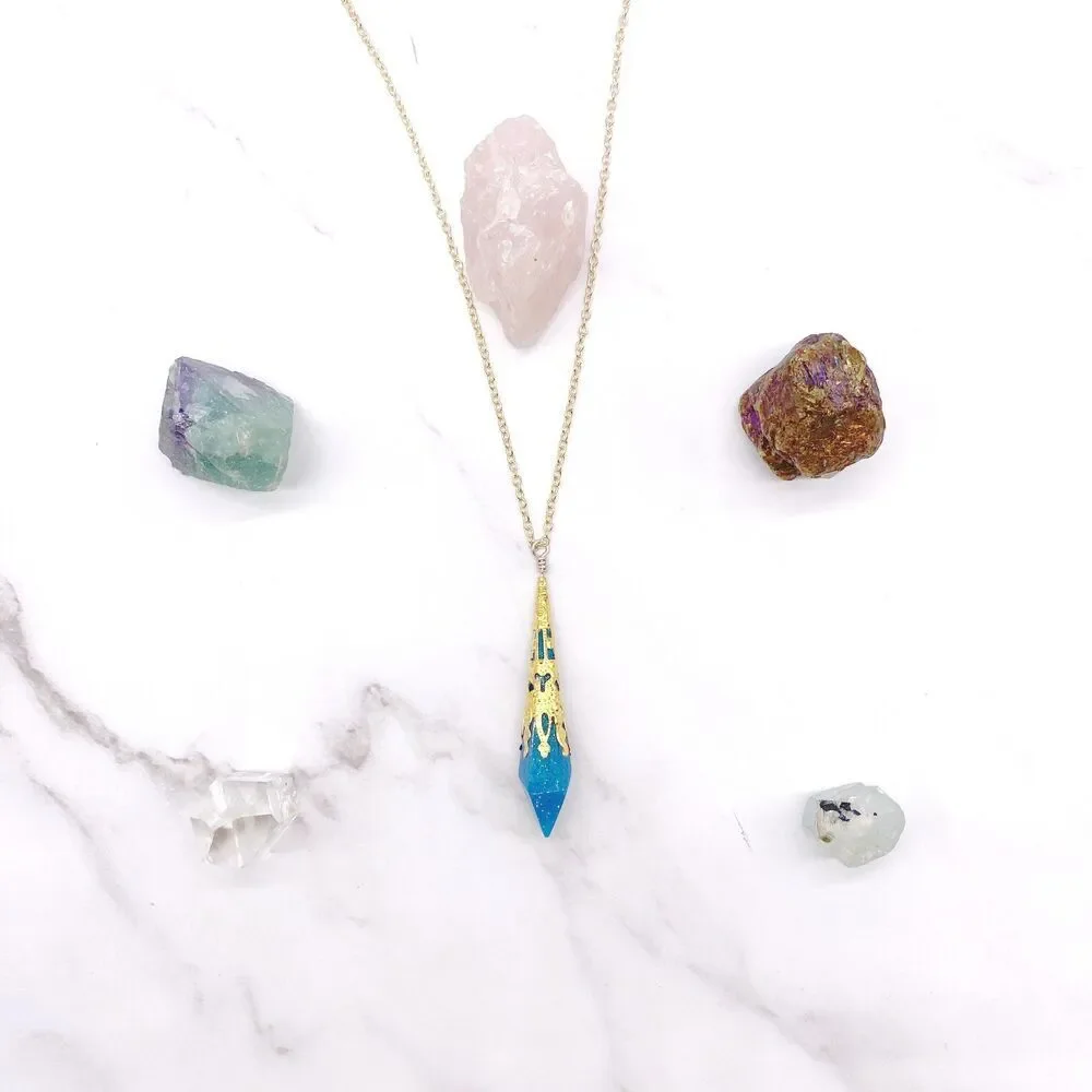 Blue ornate Pendulum Pendant Necklace